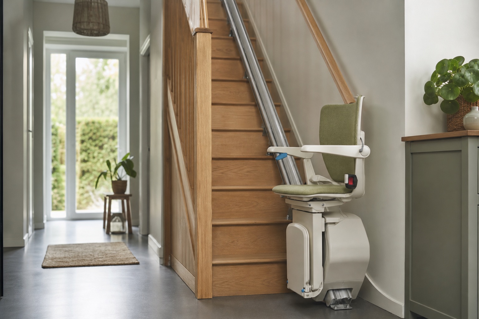 Monte-escalier installé le long d'un escalier en bois dans une maison lumineuse